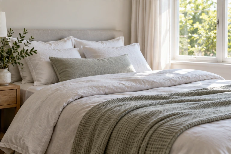 Morning light on a neatly made bed